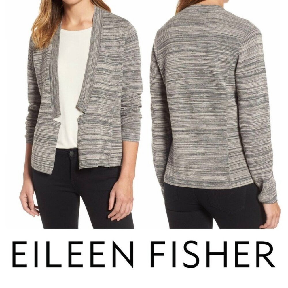 Eileen Fisher XL Cardigan Sweater Top Notch Collar Gray Cream Tan Maple Oat Long